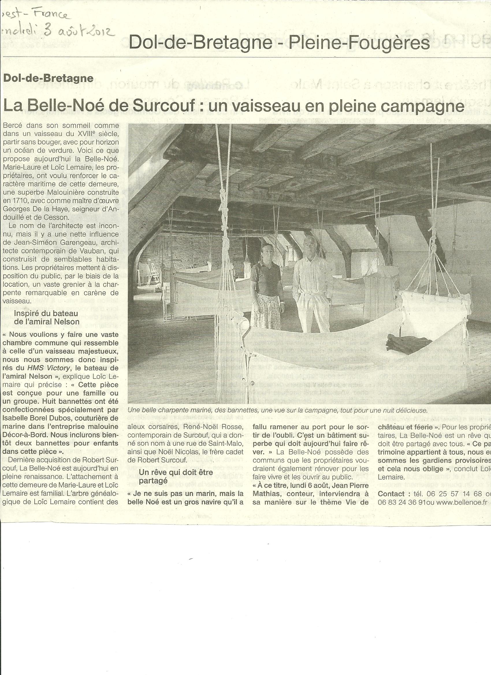 Le Ouest France consacre un article à Belle-Noë à l'occasion de l'inauguration du dortoir des officiers